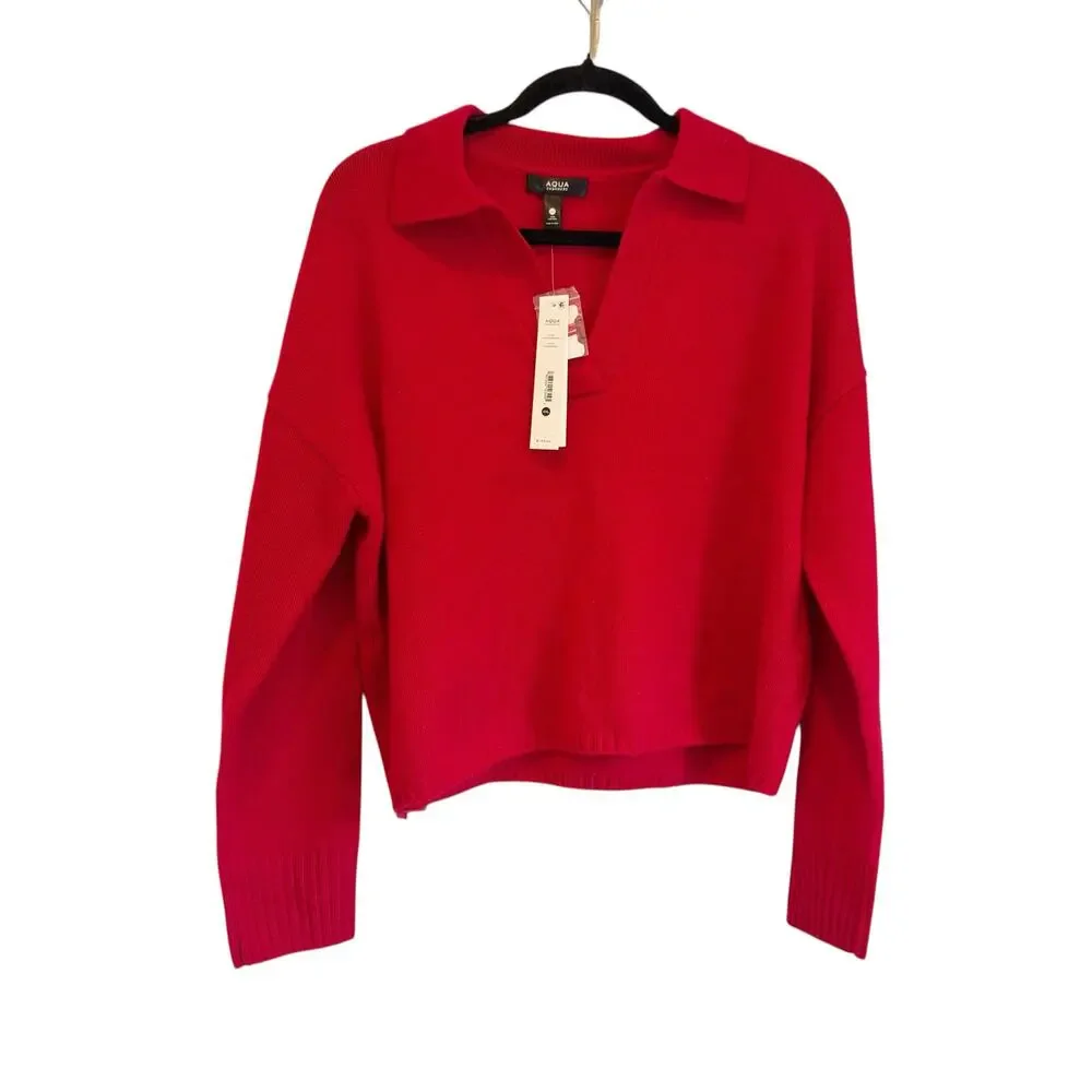 Aqua Cashmere Long Sleeve Polo Pullover Sweater Big Apple Red Size XL / XXL NWT